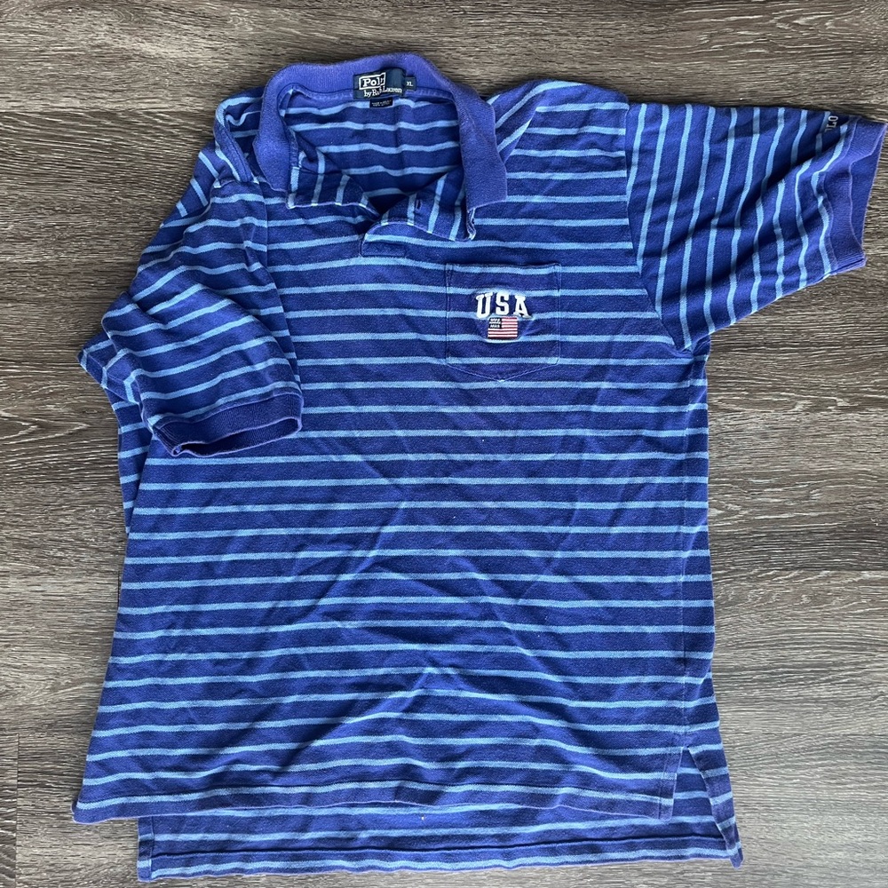 Vintage Ralph Lauren striped polo. USA blue striped. #polo #ralphlauren #usa
